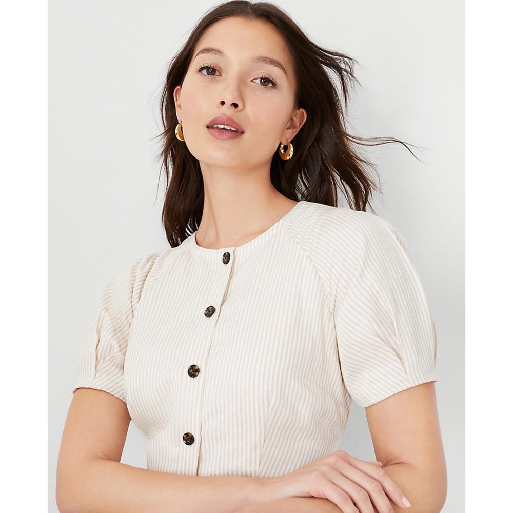 NWT Ann Taylor Toasted Oat Striped Balloon Sleeve Button Front Midi Dress Sz 16 - Picture 3 of 8